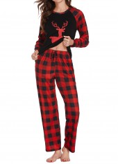 Red loungewear,Plaid loungewear,Geometric loungewear,Christmas Plaid Red Round Neck Lounge Top and Pants
