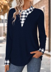 Navy tops,Plaid tops,Geometric tops,ROTITA Tummy Coverage Plaid Navy Fake Two Piece Twinset