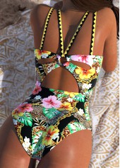ROTITA Tummy Control Black Floral Print One Piece Swimwear