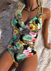 Black swimwear,Floral swimwear,Plants swimwear,ROTITA Tummy Control Black Floral Print One Piece Swimwear