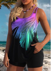 Purple swimwear,Plants swimwear,ROTITA Tummy Coverage Purple Leaf Print Tankini Top