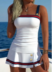 White swimwear,Striped swimwear,Geometric swimwear,ROTITA Contrast Piping White Striped High Waisted Tankini Set
