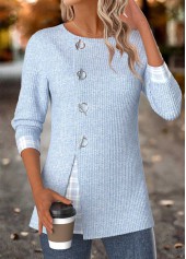 ROTITA Tummy Coverage Plaid Light Blue Round Neck Blouse