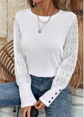 White tops,Plain Color tops,ROTITA Patchwork White Round Neck Long Sleeve T Shirt