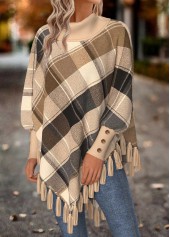 Light Camel tops,Plaid tops,Geometric tops,ROTITA Tummy Coverage Plaid Light Camel Long Sleeve Sweatshirt