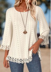 Beige tops,Plain Color tops,ROTITA Tummy Coverage Beige Round Neck 3/4 Sleeve T Shirt