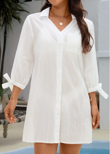 Beige swimwear,Plain Color swimwear,Tie Beige Button Turn Down Collar Cover Up