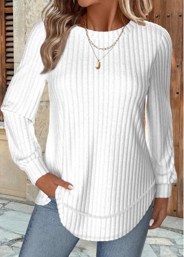 White tops,Plain Color tops,ROTITA White Round Neck Long Sleeve Sweatshirt