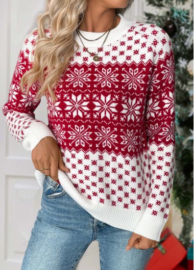 Wine Red tops,Christmas tops,Christmas Tummy Coverage Snowflake Print Wine Red Sweater