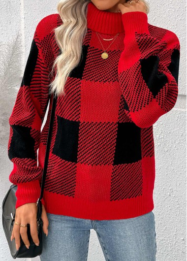 Red tops,Plaid tops,Geometric tops,Tummy Coverage Plaid Red High Neck Long Sleeve Sweater