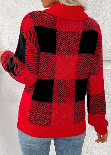Red tops,Plaid tops,Geometric tops,Tummy Coverage Plaid Red High Neck Long Sleeve Sweater