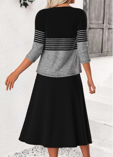 Black dresses,Striped dresses,Geometric dresses,Casual dresses,ROTITA Tummy Coverage Striped Black V Neck Dress and Cardigan