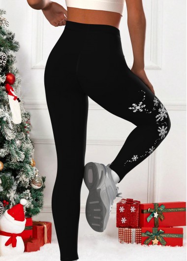 Black bottoms,Christmas bottoms,ROTITA Snowflake Print Black High Waisted Elastic Waist Leggings