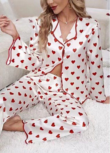 Red loungewear,Heart loungewear,Heart Print Red Long Sleeve Lounge Top and Pants