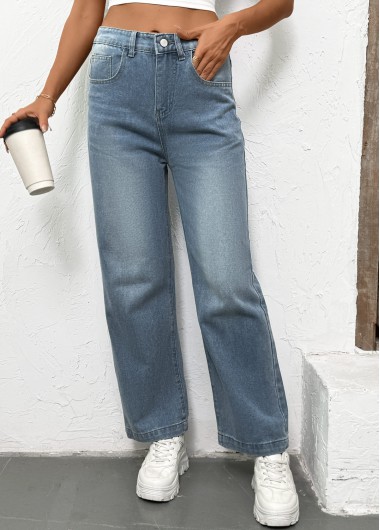 Denim Blue bottoms,Plain Color bottoms,Pocket Denim Blue Straight Leg Button Fly Jeans