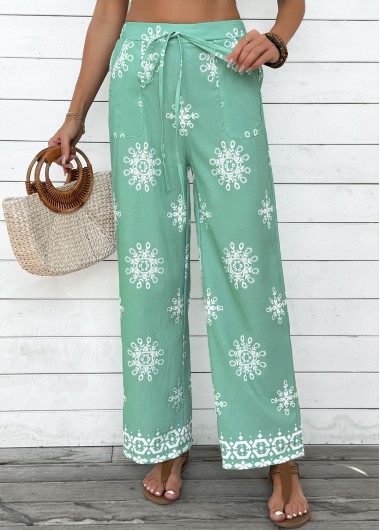 Mint Green bottoms,Floral bottoms,Plants bottoms,Soft Floral Print Mint Green Wide Leg Pants