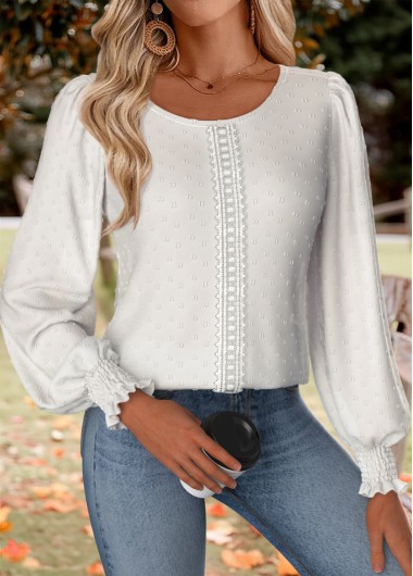 White tops,Plain Color tops,ROTITA Tummy Coverage White Round Neck Long Sleeve Blouse