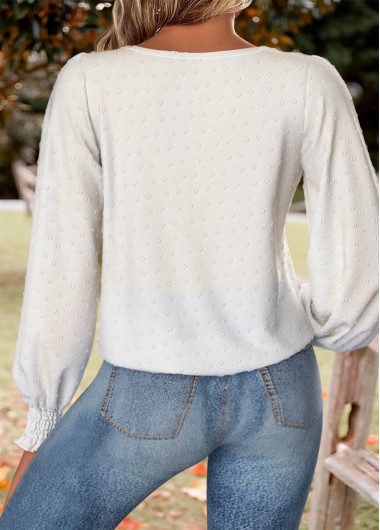 White tops,Plain Color tops,ROTITA Tummy Coverage White Round Neck Long Sleeve Blouse