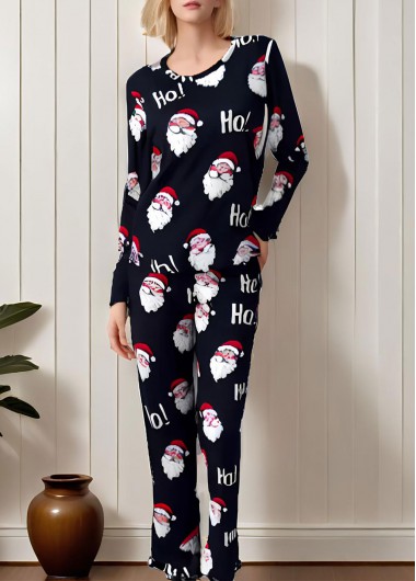 Black loungewear,Christmas loungewear,Christmas Santa Claus Print Black Lounge Top and Pants