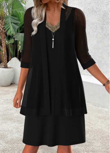 Black dresses,Plain Color dresses,Casual dresses,ROTITA Tummy Coverage Black V Neck Dress and Cardigan