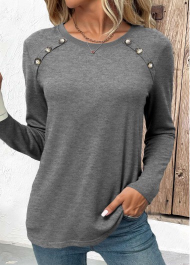 Grey tops,Plain Color tops,ROTITA Button Grey Round Neck Long Sleeve T Shirt