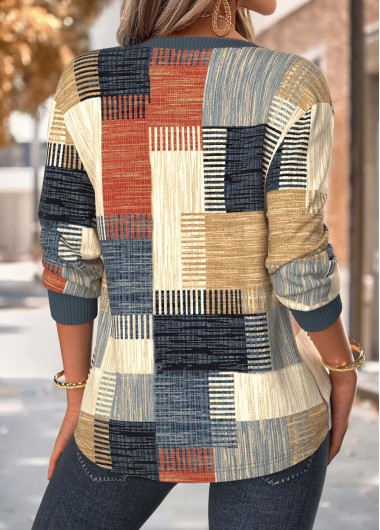 Multi Color tops,Geometric tops,ROTITA Tummy Coverage Geometric Print Multi Color Split Neck Sweatshirt