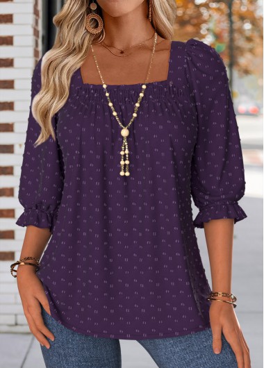 Purple tops,Plain Color tops,ROTITA Smocked Purple Square Neck Half Sleeve Blouse