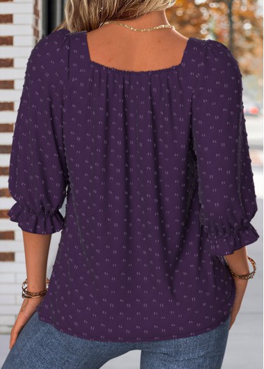Purple tops,Plain Color tops,ROTITA Smocked Purple Square Neck Half Sleeve Blouse