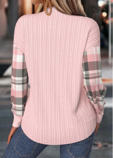 Light Pink tops,Plaid tops,Geometric tops,ROTITA Tummy Coverage Plaid Light Pink Split Neck Sweatshirt
