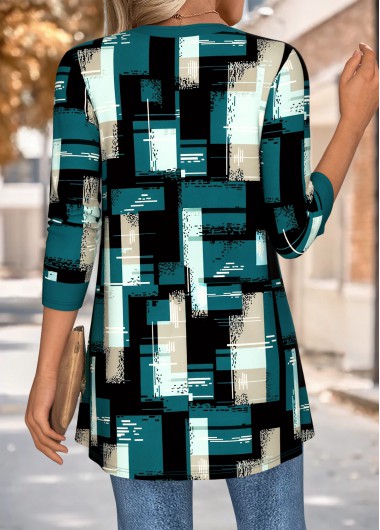 Blackish Green tops,Geometric tops,ROTITA Tummy Coverage Geometric Print Blackish Green Blouse