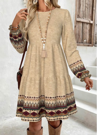 Light Camel dresses,Tribal dresses,Everyday dresses,Casual dresses,ROTITA Tummy Coverage Tribal Print Light Camel Round Neck Dress