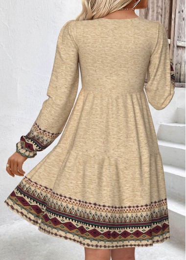 Light Camel dresses,Tribal dresses,Everyday dresses,Casual dresses,ROTITA Tummy Coverage Tribal Print Light Camel Round Neck Dress