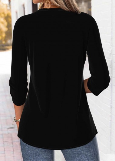 Black tops,Ombre tops,ROTITA Tummy Coverage Ombre Black Split Neck 3/4 Sleeve Blouse