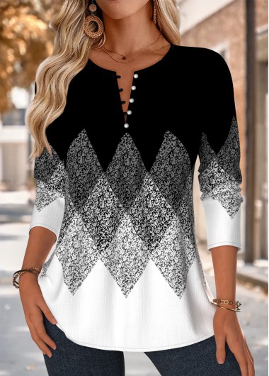 Black tops,Geometric tops,ROTITA Tuck Stitch Geometric Print Black Split Neck Blouse