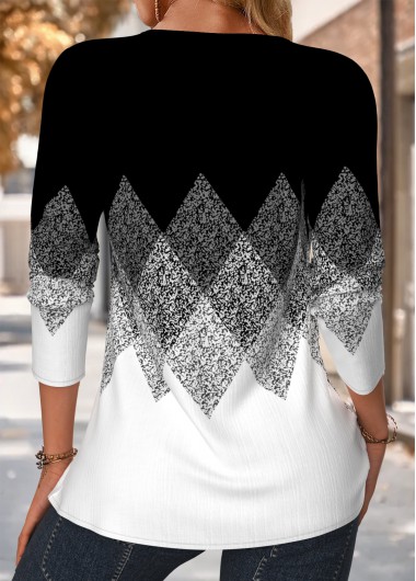 Black tops,Geometric tops,ROTITA Tuck Stitch Geometric Print Black Split Neck Blouse