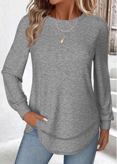 Grey tops,Plain Color tops,ROTITA Curved Hem Grey Round Neck T Shirt