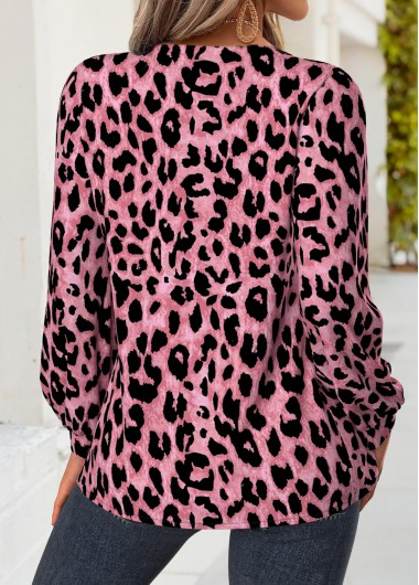 Pink tops,Leopard tops,Animal Print tops,ROTITA Tummy Coverage Leopard Pink Split Neck Long Sleeve Blouse