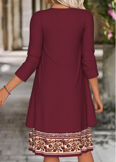 Wine Red dresses,Floral dresses,Plants dresses,Everyday dresses,Casual dresses,ROTITA Tummy Coverage Floral Print Wine Red Dress and Cardigan