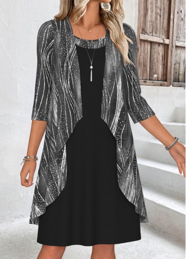 Black dresses,Geometric dresses,Everyday dresses,Casual dresses,ROTITA Tummy Coverage Geometric Print Black Dress and Cardigan