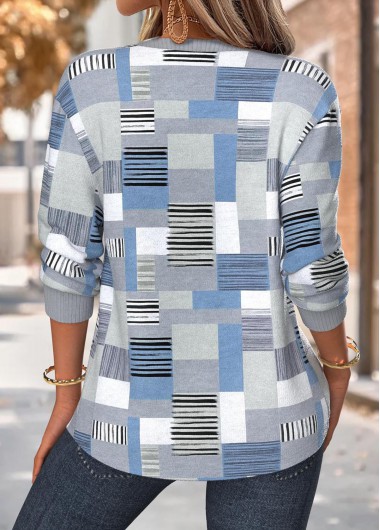 Dusty Blue tops,Geometric tops,ROTITA Tummy Coverage Geometric Print Dusty Blue Split Neck Sweatshirt