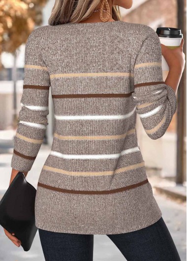Dark Camel tops,Striped tops,Geometric tops,ROTITA Tummy Coverage Multi Stripe Print Dark Camel T Shirt