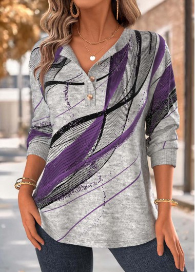 Purple tops,Geometric tops,ROTITA Tummy Coverage Geometric Print Purple Split Neck Sweatshirt