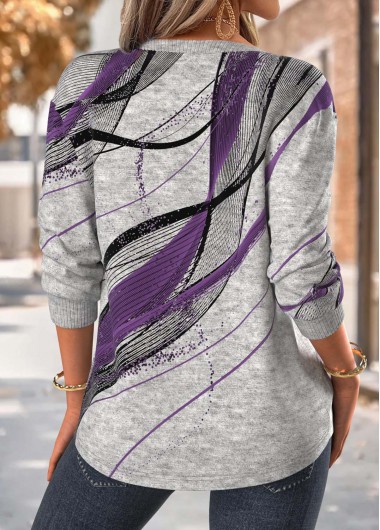 Purple tops,Geometric tops,ROTITA Tummy Coverage Geometric Print Purple Split Neck Sweatshirt