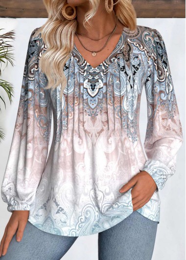 Multi Color tops,Tribal tops,ROTITA Tummy Coverage Tribal Print Multi Color V Neck Blouse
