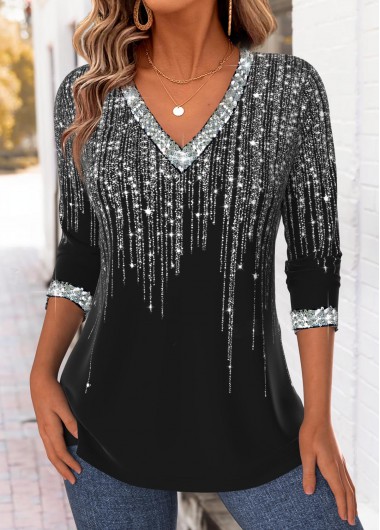 Black tops,Ombre tops,ROTITA Tummy Coverage Ombre Black V Neck T Shirt
