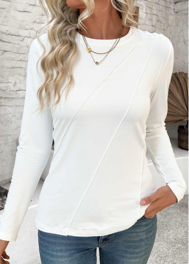 White tops,Plain Color tops,ROTITA Tuck Stitch White Round Neck Long Sleeve T Shirt