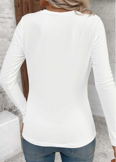 White tops,Plain Color tops,ROTITA Tuck Stitch White Round Neck Long Sleeve T Shirt
