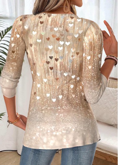 Light Camel tops,Heart tops,ROTITA Patchwork Heart Print Light Camel V Neck T Shirt