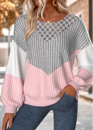 Light Pink tops,Contrast Color tops,ROTITA Tummy Coverage Light Pink Round Neck Long Sleeve Sweatshirt