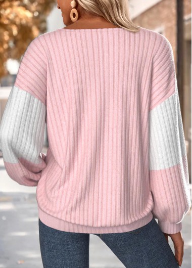 Light Pink tops,Contrast Color tops,ROTITA Tummy Coverage Light Pink Round Neck Long Sleeve Sweatshirt